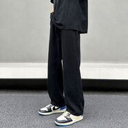 道花途皮帶秋季新款潮男煙灰色牛仔褲男寬松直筒褲子美式高街百搭闊腿褲 FQX[酷黑色]皮帶款 單褲 S 建議[70-95斤]