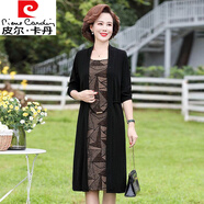 皮爾卡丹（pierre cardin）中老年女裝春秋新款連衣裙過膝假兩件套媽媽裝長袖裙子遮肚子洋氣 卡其金 3XL (建議127-139斤穿)