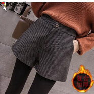 啄木鳥毛呢格子短褲女2025秋冬新款高腰a字闊腿褲顯瘦短褲時尚外穿靴褲 深灰色【有內襯】 2XL