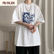 FR.YH.ZH胖胖哥國潮短袖t恤男士夏季醒獅印花寬松大碼半截袖 白色 S 90-105斤