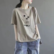 翎悅短袖t恤女純棉2025夏季女裝新款寬松顯瘦印花圓領(lǐng)體恤半袖上衣潮 卡其色-蓮花 XL 建議115-130斤