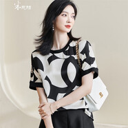 米思陽(yáng)（missshine）2024春季新款時(shí)髦吸睛寬松T恤簡(jiǎn)約撞色印花圓領(lǐng)上衣女2429 黑色 2XL