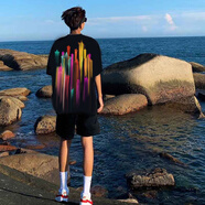 至唯 逃離地球星星印花短袖t恤男女純棉夏季寬松bf情侶半袖潮流牌衣服 黑色 XL