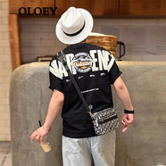 OLOEY 香港潮牌美式重工刺繡黑色短袖T恤男印花貼布寬松痞帥半袖打底衫 黑色 L 130斤-145斤