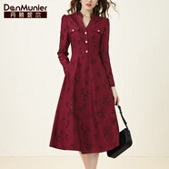 丹慕妮爾法式復古紅色連衣裙女2024冬季新款v領(lǐng)氣質(zhì)收腰中長(cháng)裙子 紅色 S