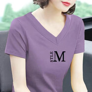 美莎尼純棉短袖T恤女V領(lǐng)上衣2023年新款百搭印花女裝雞心領(lǐng)夏裝體恤 紫色-雞心M字母 XL 建議115-125斤
