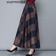 vuzrmm輕奢冬季新款加厚毛呢半身裙女格子長(cháng)裙a字裙高腰大擺長(cháng)裙冬長(cháng)裙 深藍咖啡格 XL 腰圍2.4-2.5尺長(cháng)度90厘米