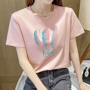 盛賽熙純棉短袖T恤女新款夏天寬松版女裝氣質(zhì)百搭半袖上衣女士女裝t恤 粉色三羽毛 L 建議110-125斤
