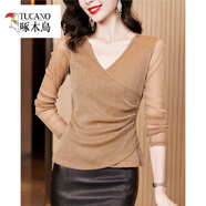 啄木鳥(niǎo)（TUCANO）品牌交叉V領(lǐng)上衣女2025新款秋裝今年蕾絲小衫網(wǎng)紗長(cháng)袖修身t恤打底 2380卡其色 L建議105-115斤