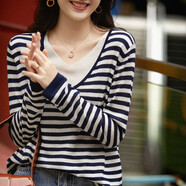 歐芙倫法式針織衫女2025秋季新款時(shí)尚假兩件拼接條紋長(cháng)袖軟糯毛衣女上衣 藍色條紋 均碼