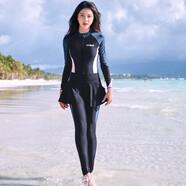 軒海連體泳衣女夏長袖長褲全身防曬顯瘦保守漂流速干水母服沖浪潛水服 黑底灰邊+短裙 L