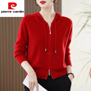 皮爾卡丹（pierre cardin）2025春裝新款連帽開衫女短款針織外搭長袖寬松純色加厚毛衣外套潮 大紅 L