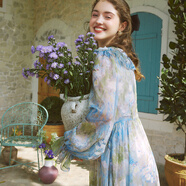 兩三事度假仙女裙顯瘦雪紡連衣裙2025夏季新款裙子女梵高夢(mèng)戀韶華 藍花色 M