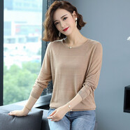 記述春秋七分袖T恤女薄款早秋鏤空針織衫女上衣 8202駝色 3XL #（建議130-145斤）
