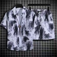 狄帝鯊海南島沙灘服三亞旅游冰絲港風襯衣夏威夷花襯衫島服男女短袖套裝 C67套裝【灰色】 L