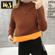 KJ保暖內衣加絨加厚毛衣圓領(lǐng)針織修身長(cháng)袖短款打底衫高彈性保暖上衣 焦糖加絨 L （105-135斤）