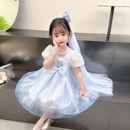 小咕嘟熊女童夏裝愛莎公主裙中小童冰雪奇緣禮服兒童艾莎連衣裙小女孩衣服 藍(lán)色+閃燈+頭飾 110