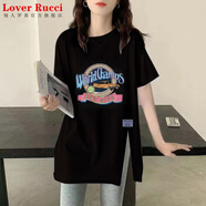 LOVER RUCCI黑色下擺開叉短袖t恤女夏季2025新款純棉寬松長t中長款遮屁股上衣 黑色開叉-汽車 M 95-115斤