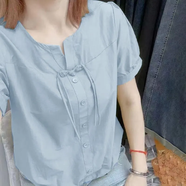妙中意純棉國(guó)風(fēng)盤(pán)扣短袖襯衣薄款收腰襯衫女夏季新款寬松t恤小衫上衣 藍(lán)色 M 建議88-100斤