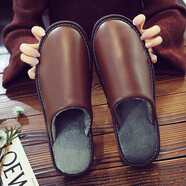 橫折鉤秋冬季皮拖鞋防水保暖男女士情侶室內居家加絨PU皮棉拖鞋地板 黃棕色 28 (適合41碼-42碼)