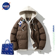 NASA LIKE官方棉服男冬季保暖假兩件連帽棉衣羽面包絨服男士防寒外套棉襖子 N99咖啡色 XL （建議120-140斤）