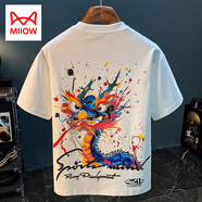 貓人（MiiOW）夏季男T恤寬松潮流薄款印花短袖體恤高級(jí)五分袖男衣服中國(guó)風(fēng) 5753白色 L