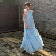 白展唐衣服女裝夏天法式甜妹夏季新款掛脖純欲風(fēng)連衣裙復古洋氣高級感寬 淺藍 【版】 S