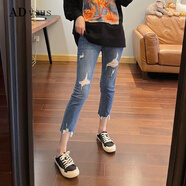 ADVSUS官方品質(zhì)小個(gè)子藍色七分破洞牛仔褲女高腰顯瘦直筒彈力乞丐九分褲 藍色雙破洞-7分 26建議80-88斤