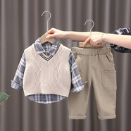 哈兜兒男童套裝寶寶小西裝春裝三件套小孩嬰兒1衣服2小童3秋季套裝4周歲 SJ-8117純色菱形馬甲三件套米色 80碼適合70-75cm約6-10個月