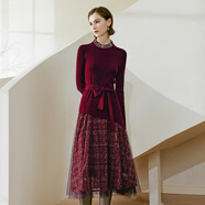 顏域圓領(lǐng)長(cháng)袖連衣裙春裝2024新款女針織系帶收腰顯瘦中長(cháng)款假兩件 酒紅色 M/38