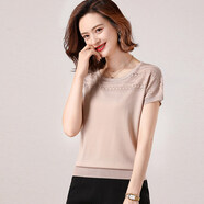 歌米拉 冰絲短袖T恤女鉤花鏤空針織衫新款薄款夏裝遮肚子顯瘦上衣寬松 淺卡其 M