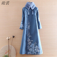 范哲莎（預(yù)售）國風(fēng)改良版旗袍女秋冬復(fù)古顯瘦大碼女裝中國風(fēng)改良旗袍毛 藍(lán)色 毛呢 M 建議100斤以下