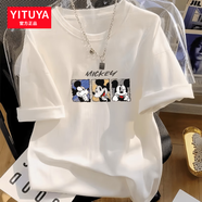 衣圖雅【100%純棉】白色短袖t恤女寬松韓版夏季新款落肩袖上衣打底衫 白色（三只米奇卡通款） XL建議145-170