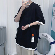 【肥仔240斤超大碼5XL】假兩件短袖男2021年夏季T恤男潮牌潮流胖子加肥加大碼寬松半截袖胖子  T3168黑色 5XL205至230斤可穿