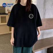 NASALIKE100%純棉短袖t恤女夏季大碼260g重磅韓版T寬松ins純欲風(fēng)半袖上衣 黑色【小畫線笑臉】五分袖純棉女 3XL 建議160-180斤