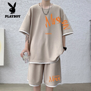 花花公子（PLAYBOY）短袖T恤男套裝男2025夏季新款美式休閑短褲兩件套情侶居家寬松潮 杏色一套 XL