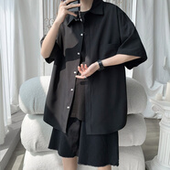 雪萊瓊斯（Shelley Jones）純色冰絲短袖襯衫男士薄款寬松半袖襯衣服夏季寬松青少年潮流外套 黑色 L