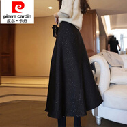 皮爾卡丹（pierre cardin）毛呢半身裙女士2024年新款春夏冬天配毛衣百褶a字大擺中長款裙子 黑色 S (100斤以下)