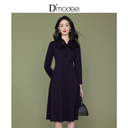 黛瑪詩(shī)新款優(yōu)雅系帶領(lǐng)連衣裙女高腰顯瘦大擺長(cháng)袖淑女裙子 藏藍色 4XL