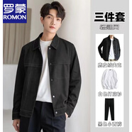 羅蒙高級感麂皮絨夾克外套男士套裝春秋季潮流輕熟風(fēng)翻領(lǐng)休閑衣服男裝 黑色三件套 XL