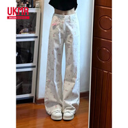 UKMR白色碎花直筒牛仔褲女2025新款甜美高腰寬松垂感顯瘦闊腿拖地褲子 白色 M 95-110斤