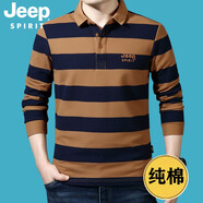 吉普（JEEP）休閑長(zhǎng)袖t恤男純棉條紋商務(wù)簡(jiǎn)約男裝上衣春秋打底體恤衫5198 土黃色 XL
