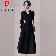 皮爾卡丹（pierre cardin）品牌高端女裝2025年新款秋季時尚氣質(zhì)赫本風(fēng)收腰顯瘦西裝領(lǐng)連衣裙 黑色 S