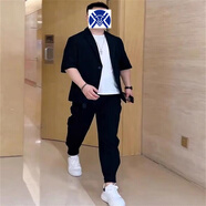 軒森圖 休閑西裝外套微胖男生顯瘦穿搭小西裝男簡(jiǎn)約大碼輕熟風(fēng)西服套裝 短袖西服+白色T+褲子 2XL (180) （160-180斤）