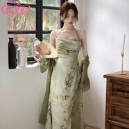 歐芙倫（Oufulun）吊帶連衣裙新中式女裝中國風女夏竹霧森林碎花收腰顯瘦復古裙套裝 單吊帶裙 M