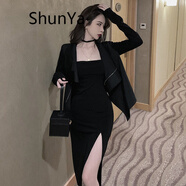 shunya 香港潮牌 吊帶連衣裙+小外套女春裝新款性感掛脖吊帶裙韓版修身顯瘦中長款開叉黑色裙子 吊帶裙+外套(一套) L