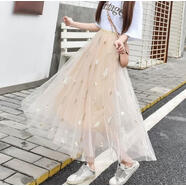 蘭威費雷網(wǎng)紗半身裙中長(cháng)款女春夏裙學(xué)生韓版矮個(gè)子妹a字裙 杏粉色 L 95-110斤