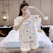 奧蜜雪 純棉睡衣女夏季短袖短褲可愛少女學生全棉家居服兩件套裝可外穿 23H-2058米黃愛心短褲 XL 【推薦120斤-135斤】