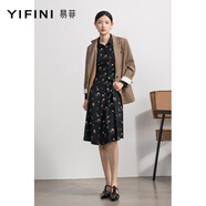 易菲（YIFINI）春秋新款襯衫連衣裙簡(jiǎn)約高級感設計連身裙翻領(lǐng)中長(cháng)款2110Y913 黑底黃色花 0S