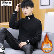 費(fèi)洛仕半高領(lǐng)t恤男士長(zhǎng)袖修身中領(lǐng)加絨加厚打底衫韓版秋衣外穿潮流帥氣 加絨 9403黑色 M